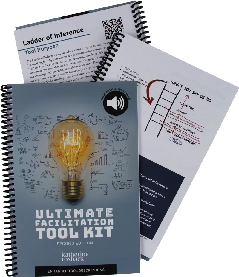 The Ultimate Facilitation Tool Kit - Second Edition Cover & page samples, including QR code to audio content.